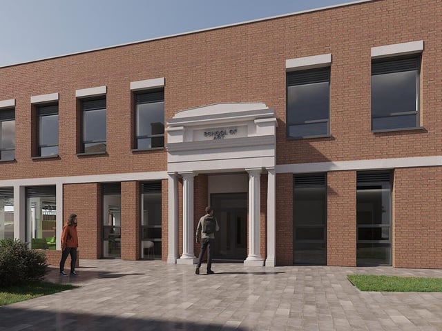 Front elevation of the building, showing the portico on the former School of Art. This architectural feature has been retained and will be re-positioned to create the entrance to the new centre.