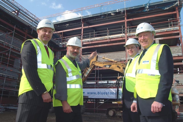 Former Mansfield Mayor and Chairman of the I Centre Management Board Tony Egginton visited the site of the new extension on Wednesday to see how the work is progressing. Pictured from L to R; Martin Flower Construction Manager Bluestone, Ian Eccles Project Manager Bluestone, Stephen Jackson Economic Regeneration Officer for MDC and Mayor Egginton. 2007.