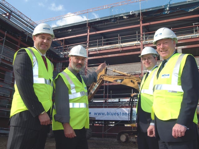 Former Mansfield Mayor and Chairman of the I Centre Management Board Tony Egginton visited the site of the new extension on Wednesday to see how the work is progressing. Pictured from L to R; Martin Flower Construction Manager Bluestone, Ian Eccles Project Manager Bluestone, Stephen Jackson Economic Regeneration Officer for MDC and Mayor Egginton. 2007.