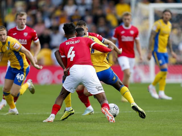Action during the first half of Stags v Morecambe.