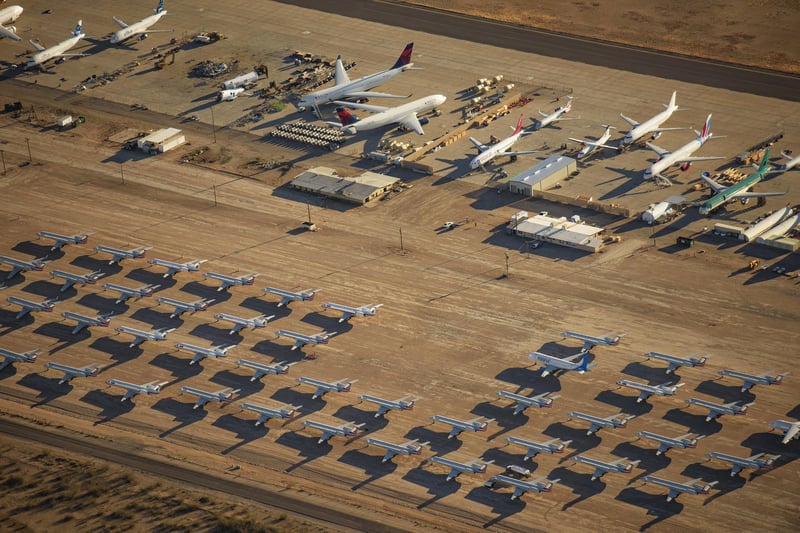 These astounding images show billions of dollars worth of aircraft parked up and disused due to COVID-19 travel restrictions.