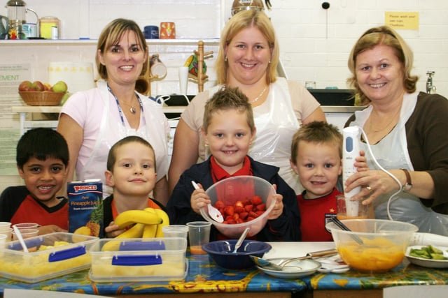 2006: At Greasley Beauvale's school health eating week areJanet Barker, Jessica Alton, Karen Ellis, Prem Prajapati, Max King, Anthony Polford and Thomas Polford.