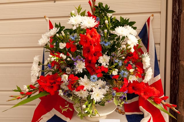 Floral art with a patriotic theme for VE Day by Pauline Fairburn.