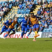 Lucas Akins sees this penalty kickm saved at Gillingham today. Photo by Chris Holloway / The Bigger Picture.media