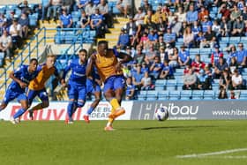 Lucas Akins sees this penalty kickm saved at Gillingham today. Photo by Chris Holloway / The Bigger Picture.media