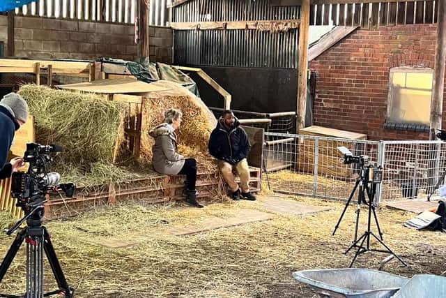 JB Gill interviewing Dorothy Whittaker at Turner Farm, during the filming of Songs of Praise.