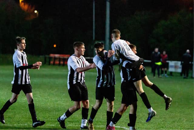 Clipstone's U19's celebrate a goal during a friendly last season. Pic by Dan Walker.