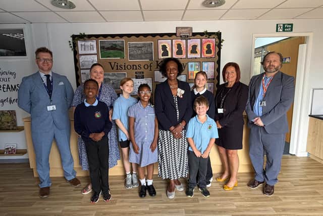 Lord-Lieutenant of Nottinghamshire, Prof Veronica Pickering with staff and pupils from Abbey Hill Primary School. Photo: Submitted