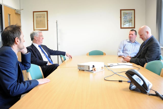 Government Minister, Michael Fallon, second left, pictured during his visit to the Chad office where he met the Editor Phil Bramley, left, and reporter Kev Rogers, right, also pictured is Sherwood Conservative candidate Mark Spencer.