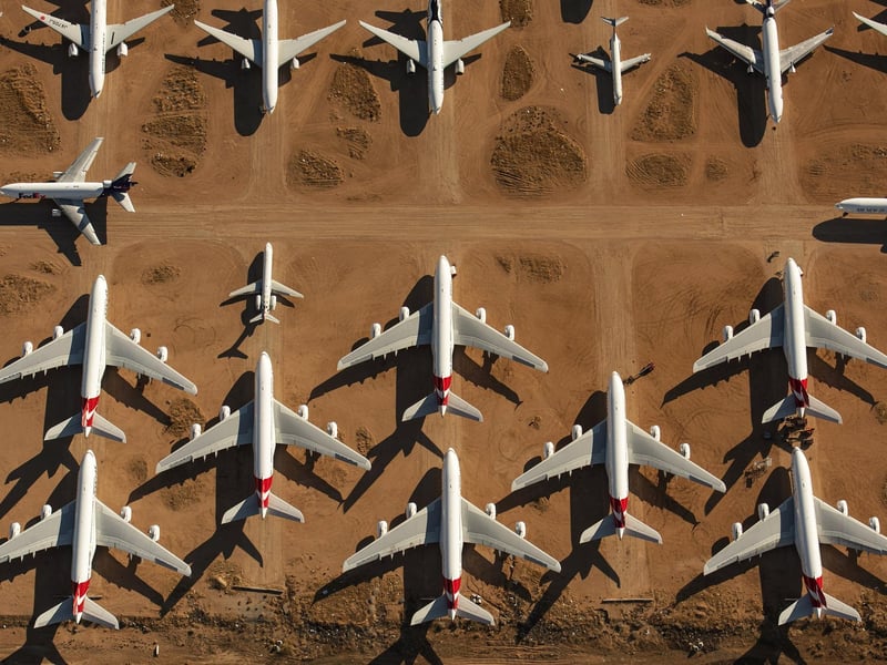 These astounding images show billions of dollars worth of aircraft parked up and disused due to COVID-19 travel restrictions.