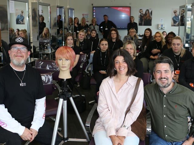 Rich (left) and Paul (right), with customer and model Lauren Whyte, who was given a new hair style while students learned about the techniques involved.