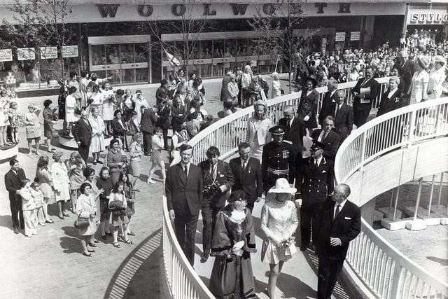 Another scene from Princess Anne's visit. She is pictured walking down the spiral walkway in the middle of the main square of the shopping centre. Photo: Northern Daily Mail.