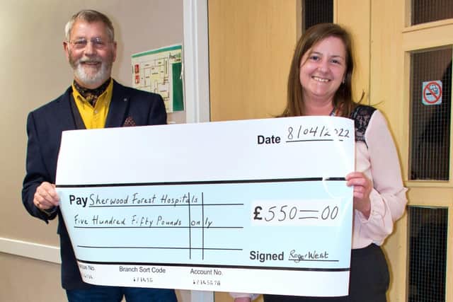 Roger West presents a cheque for £550 to Rachael Tomblin (Operations Assistant Trauma & Orthopaedics-Oncology Unit) Sherwood Forest Hospitals at The Post Mill Centre South Normanton. The money was raised through a PowerPoint presentation talk on the South Normanton Colliery Disaster in 1937.