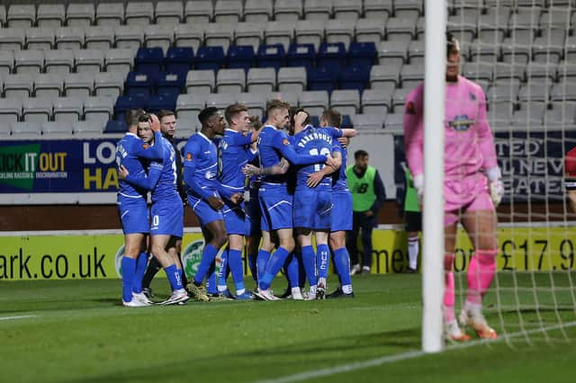 Hartlepool United's David Parkhouse celebrates after scoring their first goal during the Vanarama National League match between Hartlepool United and Altrincham at Victoria Park, Hartlepool on Tuesday 27th October 2020. (Credit: Mark Fletcher | MI News)