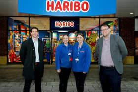 Jon Hughes (MD of Haribo UK); Heather Williams (Assistant Store Manager); Amy Scott (Store Manager) and Mark Fletcher MP.