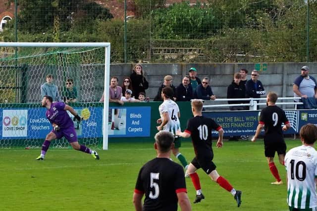 Ben Patridge levels in stoppage time with the aid of a deflection. Pic by Jazz Owen.