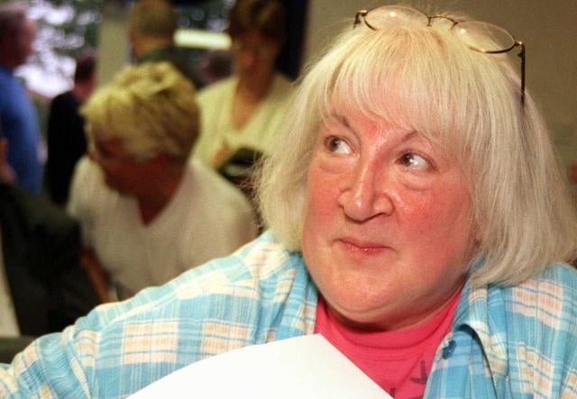 Liz Jeffress from Kirk Sandall, speaking at the Community Forum in Stainforth, 1999.