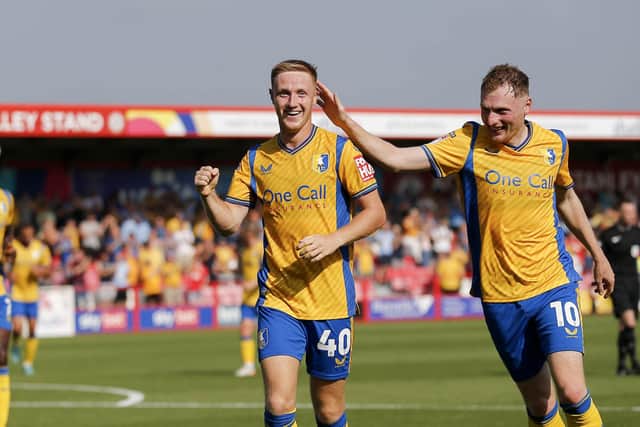 Mansfield celebrate taking the lead during the Sky Bet League 2 match against Accrington Stanley FC at The Wham Stadium, 09 Sept 2023 
Photo Chris & Jeanette Holloway / The Bigger Picture.media