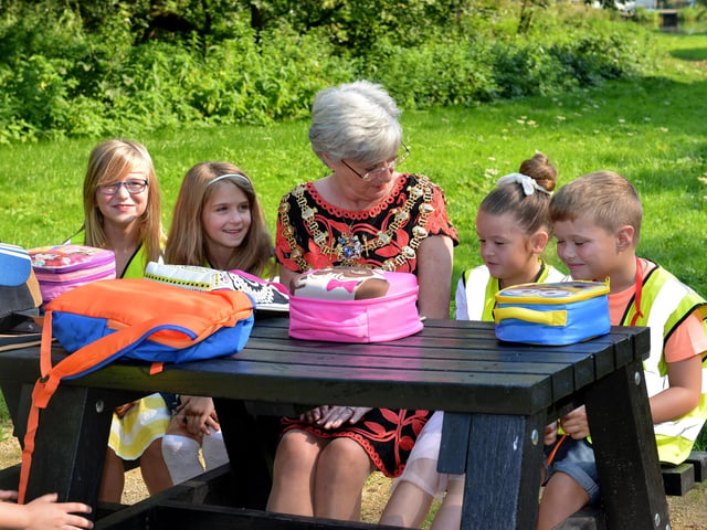 Official opening of Quarry Lane Nature Reserve picnic site, Mansfield Executive Mayor Kate Allsop is pictured with children from Sutton Road Primary School in 2016.