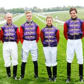 Hayley Turner (second from right) lines up at Epsom Downs racecourse with other jockeys, past and present, asked to form the Queen's guard of honour on Cazoo Derby Day, from left, Franny Norton, John Reid, David Probert and James Doyle. They are all wearing the royal silks.