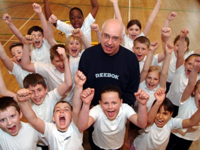 Pupils celebrate the retirement of teacher Tony Bukowski after 30 years in 2006.