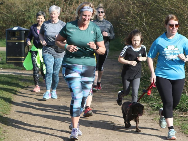 An enthusiastic bunch of female runners at Saturday's event. The record time registered by a female is 17 minutes, 56 seconds, clocked by Libby Coleman back in December, 2016.