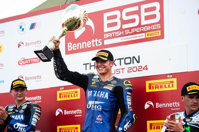 Kyle Ryde celebrates his win at Thruxton. Photo by Michael Hallam.