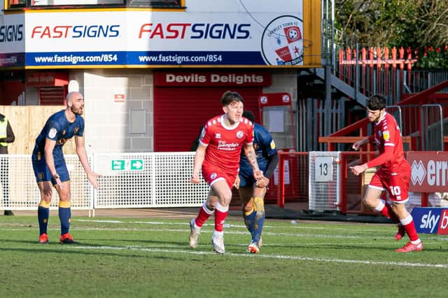 James Tilley comes on and scores the late Crawley winner. Picture by Jamie Evans