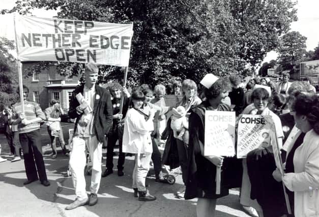 Midwives, nursing staff and protesters are pictured at a demonstration to keep the Nether Edge Maternity Unit open in 1987