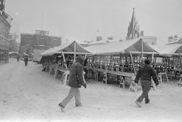 A snow covered market place.