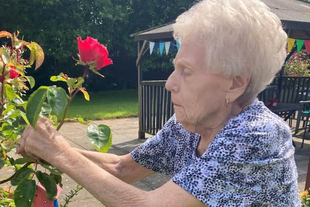 Berry Hill Park resident Yvonne tying bug houses on plants