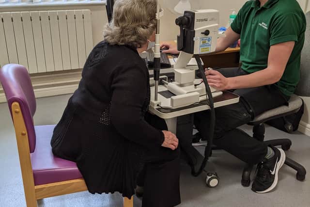 Glaucoma patient, Betty Breen, having her glaucoma appointment tests at Ashfield Health Village.