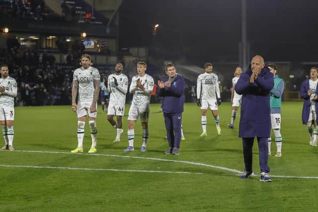Devastated Stags players thank the away fans at the end at Wycombe. Photo by Jeanette Holloway/The Bigger Picture.media