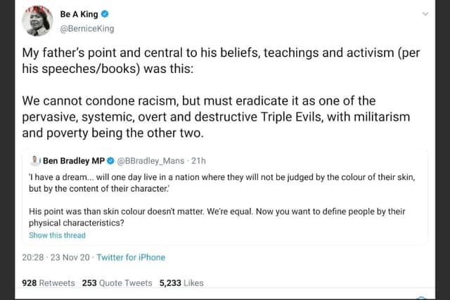 One of the tweets from @BerniceKing about Ben Bradley's use of her father's speech.