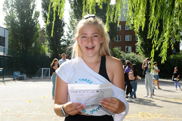 St Edmund's Catholic School student Alicia Jackson (16) from Portsmouth, with her results. Picture: Sarah Standing (200820-2999)