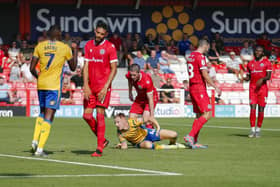 David Keillor-Dunn opens the scoring for Stags during the Sky Bet League 2 match against Accrington Stanley FC at The Wham Stadium, 09 Sept 2023 
Photo Chris & Jeanette Holloway / The Bigger Picture.media