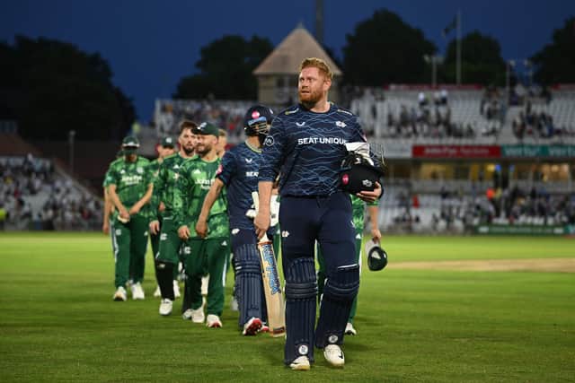 Jonathan Bairstow of Yorkshire leaves the field after winning the Vitality Blast match between Notts Outlaws Men and Yorkshire Men. (Photo by Gareth Copley/Getty Images)