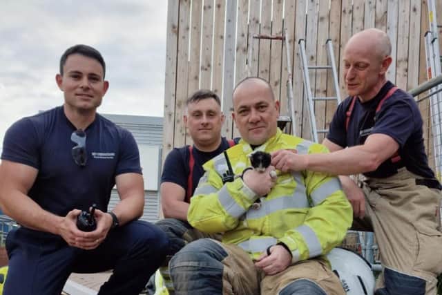 Crews from Edwinstowe pictured with the rescued kitten.