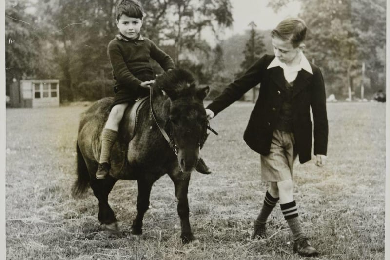 At Ashley House School, Worksop, war evacuees enjoy horse riding and fresh air. Here is Lawrence Mann, aged 5, evacuated from a bombed area in London, learning to ride a pony. He is being led by David John Walker, who is a regular pupil at the school.