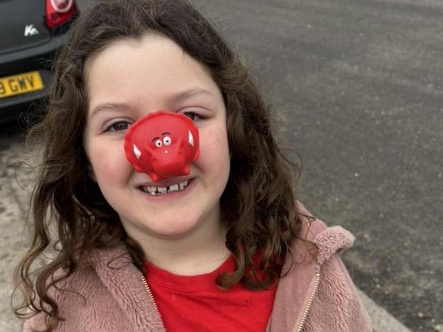 Grace Evans, aged 7, is supporting Red Nose Day in Mansfield.