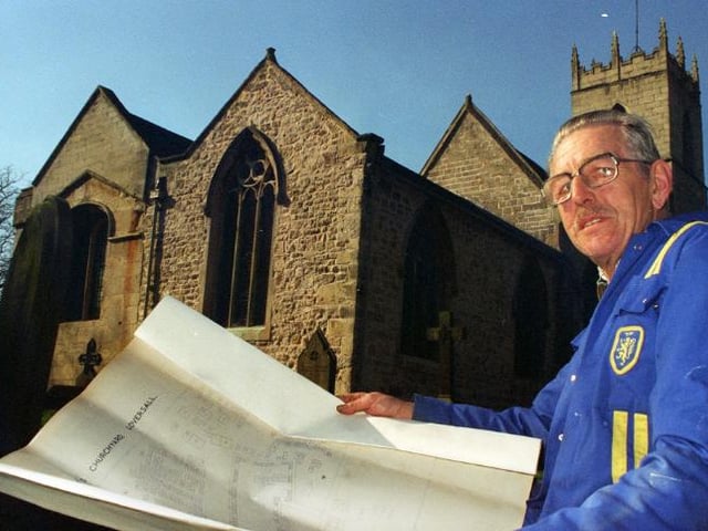 Volunteer Basil Fitzgeorge at Loversall church, 1997.