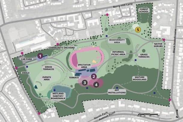 The initial masterplan, drawn up by experts, giving an idea of how the revamped Berry Hill Park might look.
