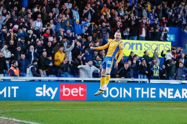 Mansfield Town midfielder George Maris (10) during the Sky Bet League 2 match against Accrington Stanley FC at the One Call Stadium, 16 April 2024, Photo credit Chris & Jeanette Holloway / The Bigger Picture.media:Stags beat Accrington 2-1 to seal a spot in League One next year.