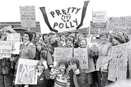A protest aimed at encouraging people to buy local takes place outside Pretty Polly in Sutton in 1981. The event occurred during a period of significant hardship for the British knitwear and hosiery industry due to competition from cheap imports and a difficult economic climate. The "buy local" and "buy British" sentiment was strong among workers whose jobs were under threat. The factory closed in April 2005.