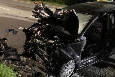 The smashed-up car belonging to Andrzej Chmurzynski after the collision (PHOTO BY: Rudy Walker)