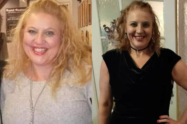 Colleen Goodall Peck has lost five stone in less than a year. She is pictured before and after her weight loss.