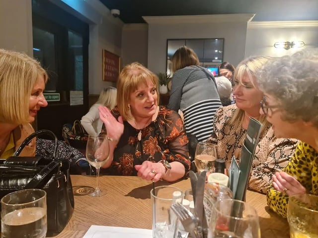 Diane Edwards (nee Cossey), Liz McCullogh (nee Cross), Karen Lewis (nee Barker) and Sally Blythe (nee Cowton) deep in conversation at the reunion