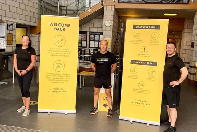 Pictured are staff members at Oak Tree Leisure Centre ready to welcome members back for gym sessions and workout classes.
Pictured are Receptionist Jude Morgan, Duty Manager Wayne Evans and Senior Duty Manager Adam Spooner.