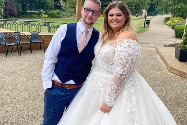 Warren and Sophie Brown at the front of the Carr Bank Wedding venue in Mansfield.