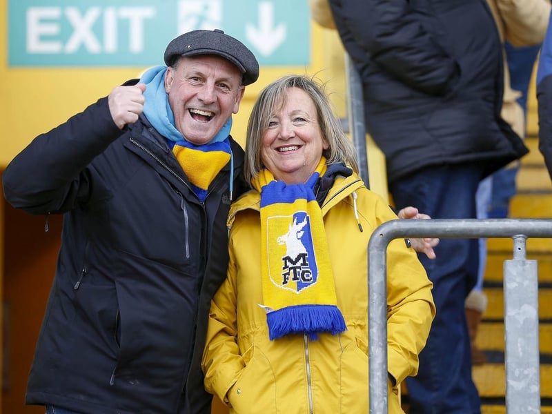 Mansfield Town fans ahead of the draw with Sutton United on 25 Mar 2023.